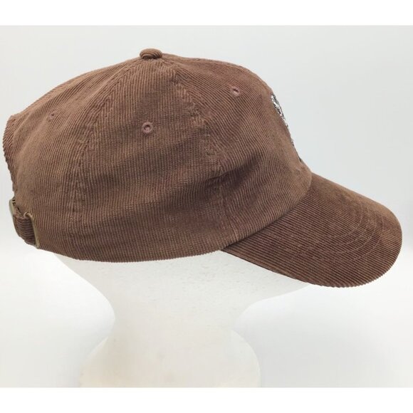 Young Girl Holding a Skull Corduroy Hat Brown Adjustable Strap Gothic Eerie Cap - Picture 3 of 8